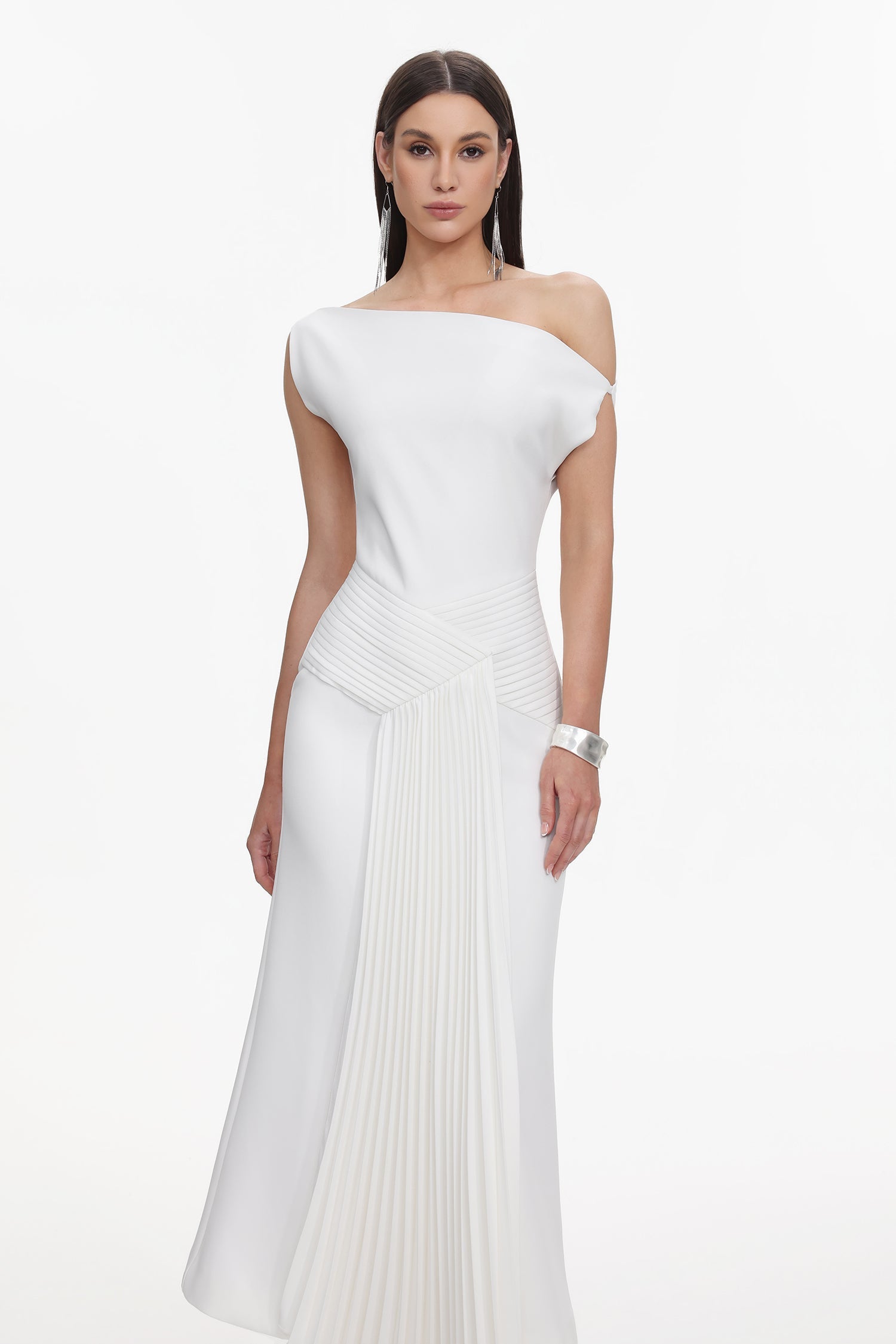 Flowering Girl Women Paulina Oblique Shoulder Sleeveless Folds Midi Dress