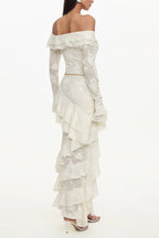 Flowering Girl Women Tahoe One Shoulder Long Sleeve Asymmetric Ruffle Knit Maxi Dress