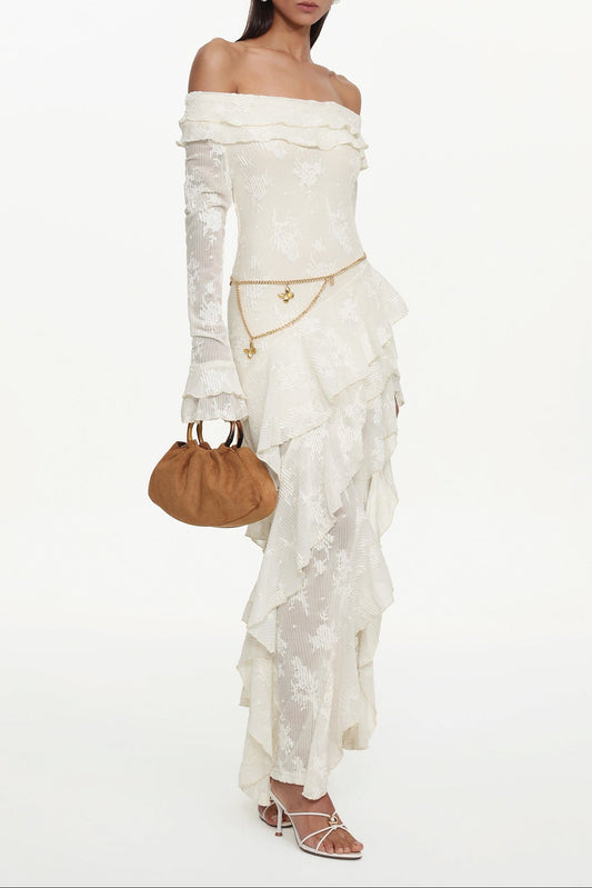 Tahoe One Shoulder Long Sleeve Asymmetric Ruffle Knit Maxi Dress