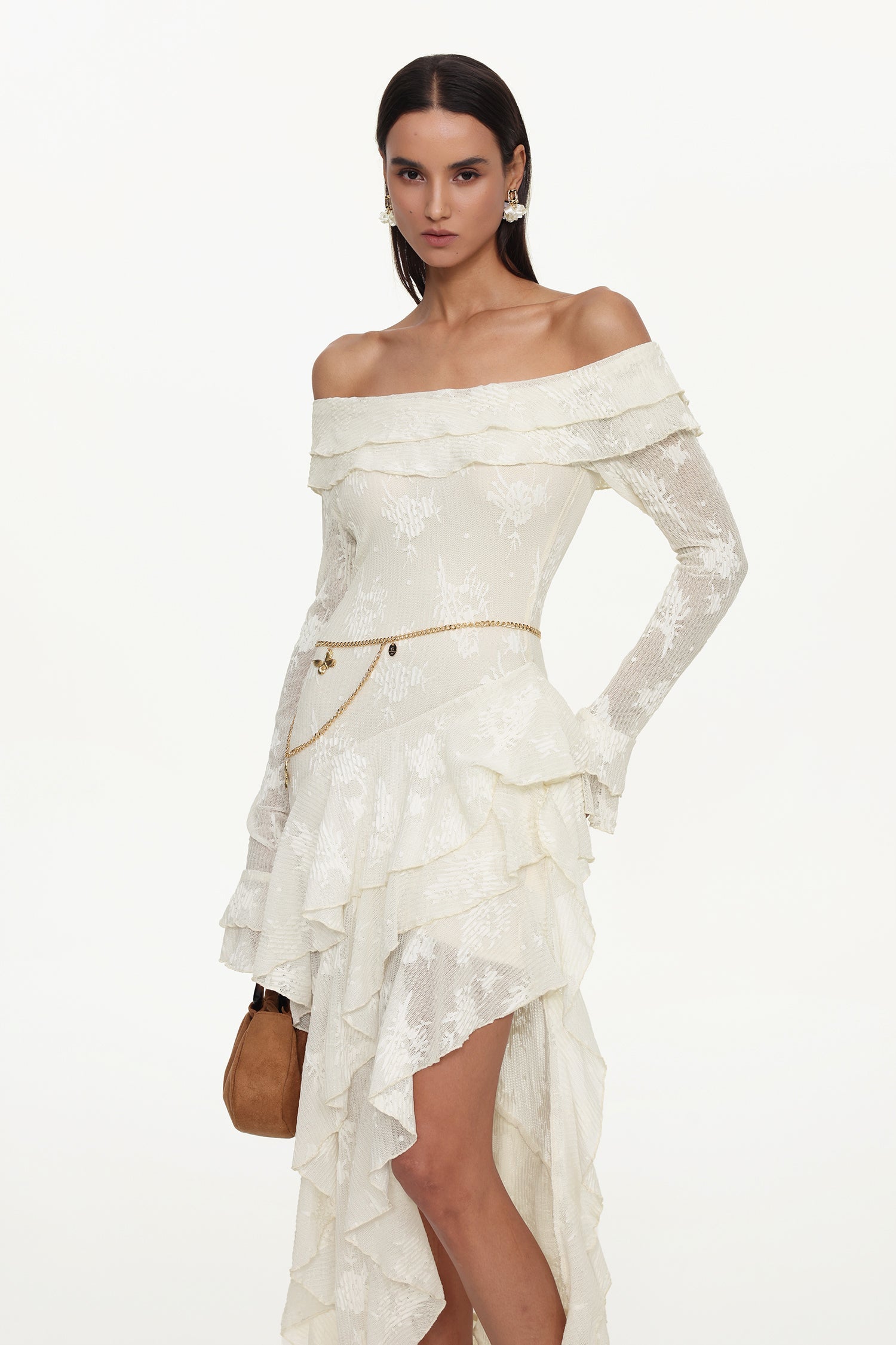 Flowering Girl Women Tahoe One Shoulder Long Sleeve Asymmetric Ruffle Knit Maxi Dress