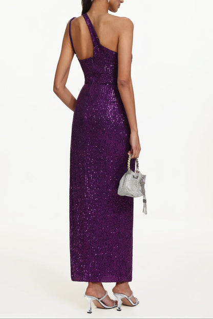 Julieta Sleeveless Asymmetric Sequin Maxi Dress