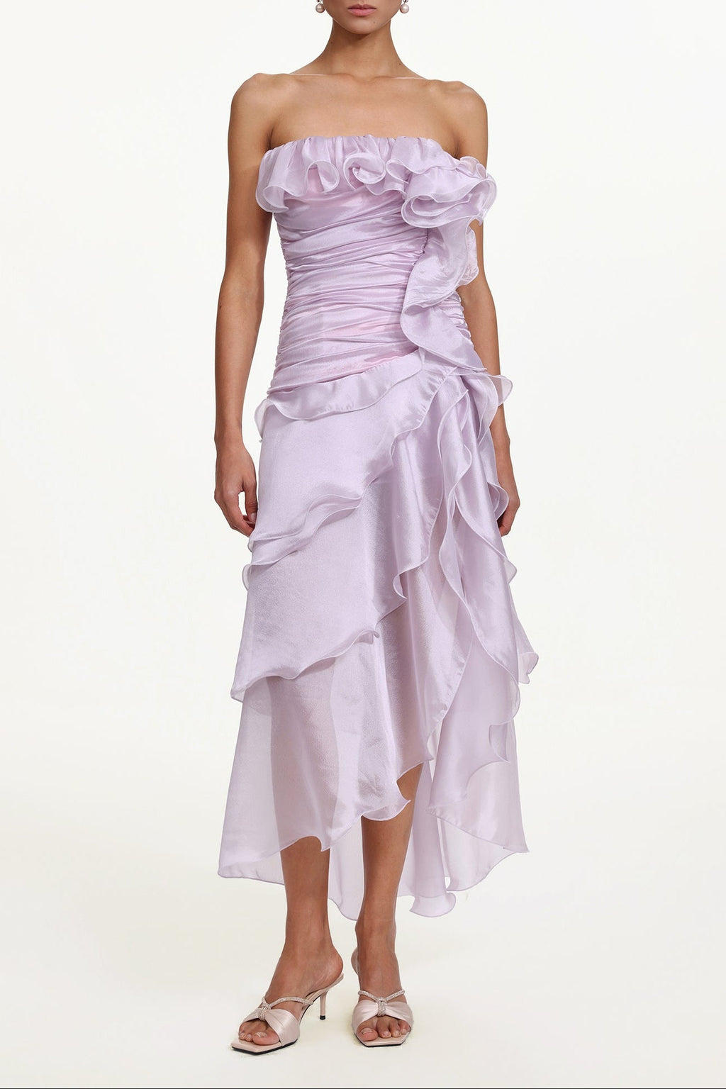 Jellay Strapless Asymmetric Ruffle High Slit Maxi Dress