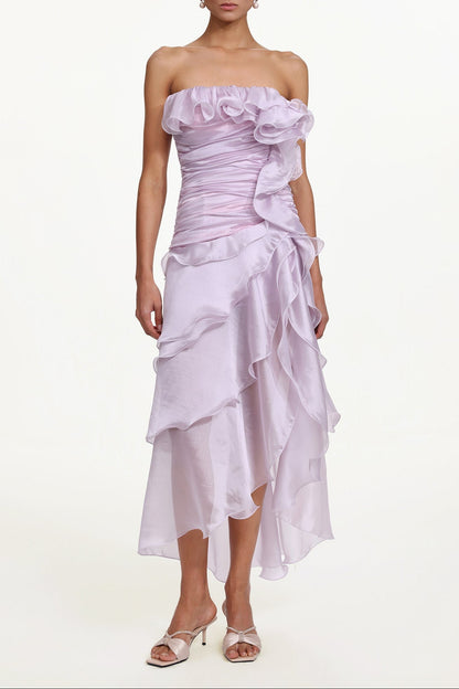 Jellay Strapless Asymmetric Ruffle High Slit Maxi Dress