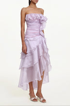 Jellay Strapless Asymmetric Ruffle High Slit Maxi Dress