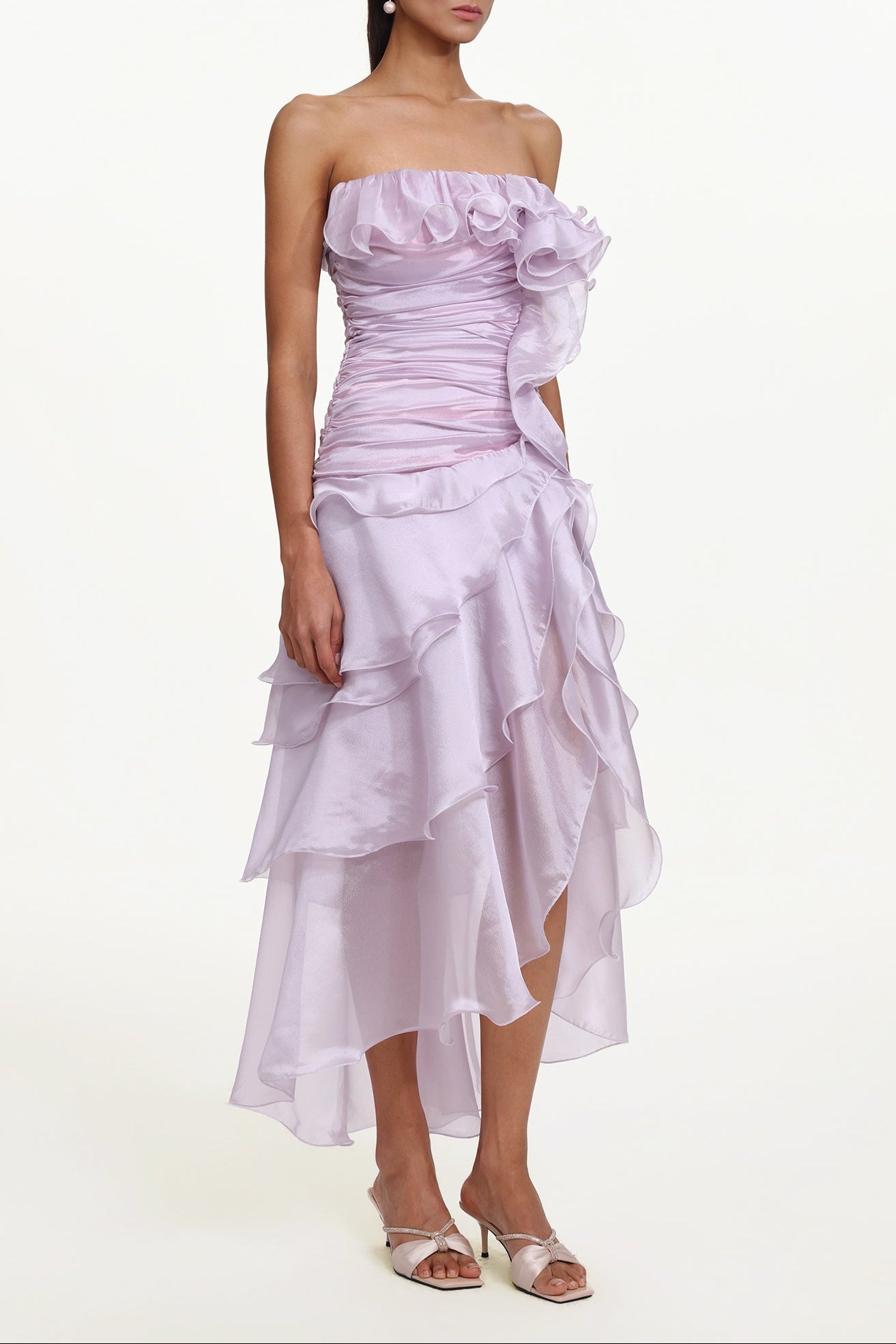 Jellay Strapless Asymmetric Ruffle High Slit Maxi Dress