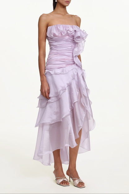 Jellay Strapless Asymmetric Ruffle High Slit Maxi Dress