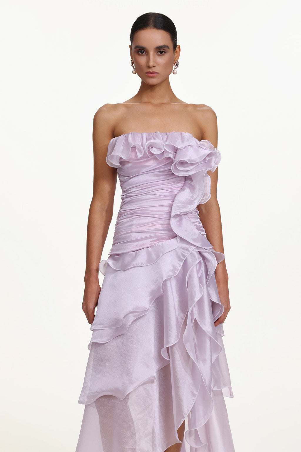 Jellay Strapless Asymmetric Ruffle High Slit Maxi Dress
