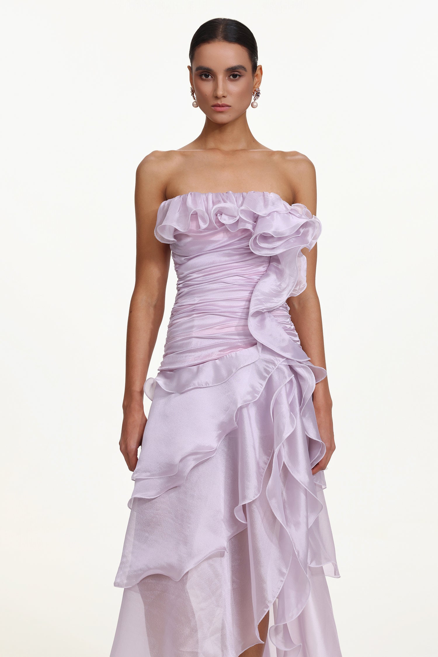 Jellay Strapless Asymmetric Ruffle High Slit Maxi Dress