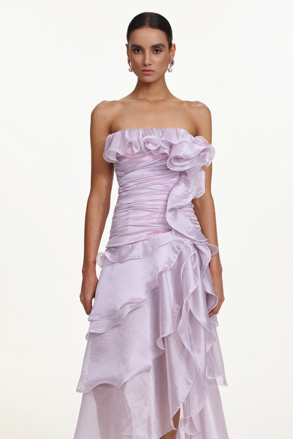 Jellay Strapless Asymmetric Ruffle High Slit Maxi Dress