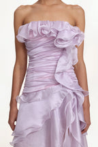 Jellay Strapless Asymmetric Ruffle High Slit Maxi Dress
