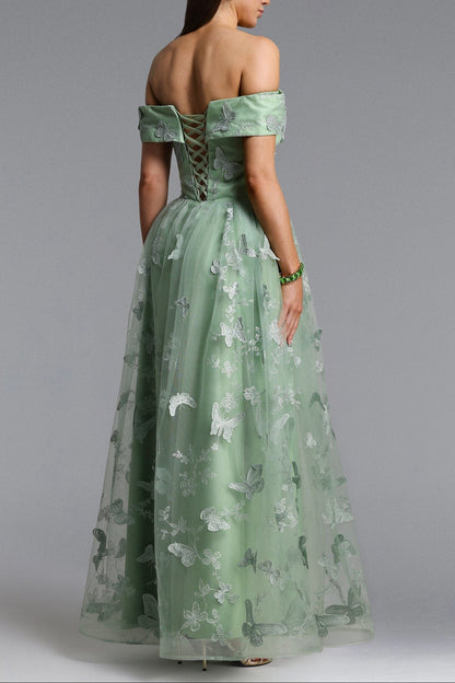 Mensa green Off Shoulder Butterfly Maxi Dress