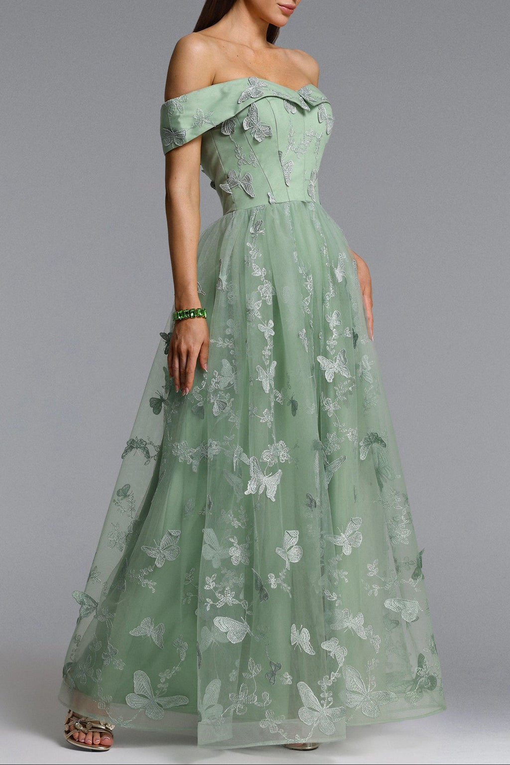 Mensa green Off Shoulder Butterfly Maxi Dress