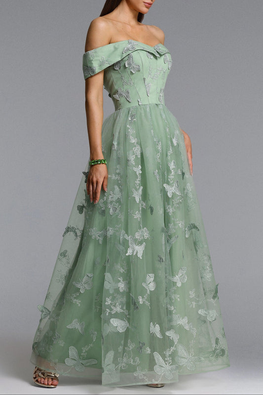 Mensa green Off Shoulder Butterfly Maxi Dress
