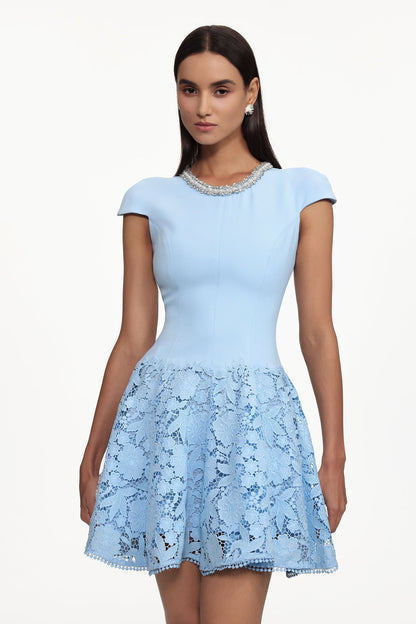 Eirene Round Neck Short Sleeve Rhinestone Floral Lace Mini Dress