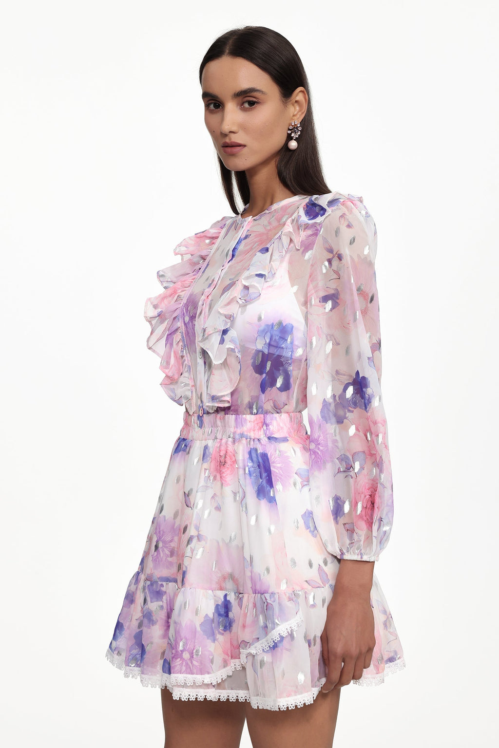 Tia Long Sleeve Floral Print Ruffle Woven Mini Dress