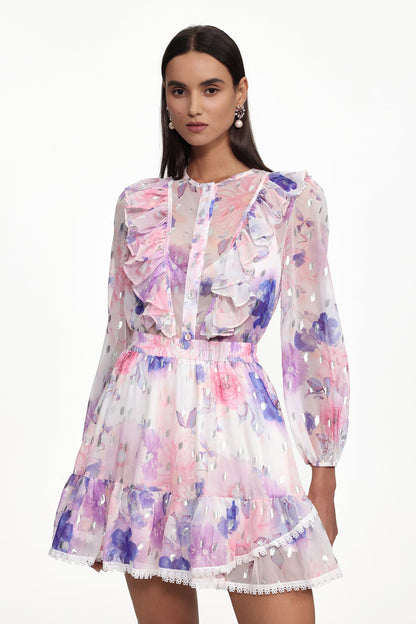Tia Long Sleeve Floral Print Ruffle Woven Mini Dress