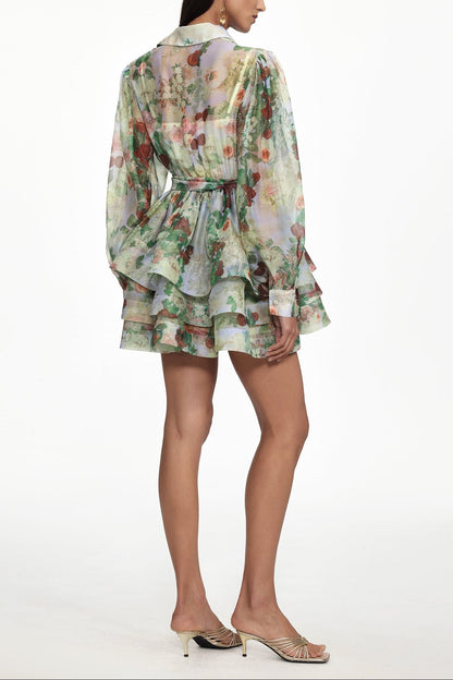Delly green Long Sleeve Floral Print Ruffle Woven Mini Dress