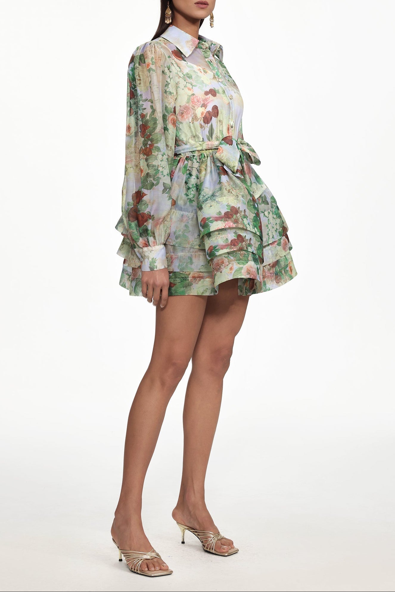 Delly green Long Sleeve Floral Print Ruffle Woven Mini Dress