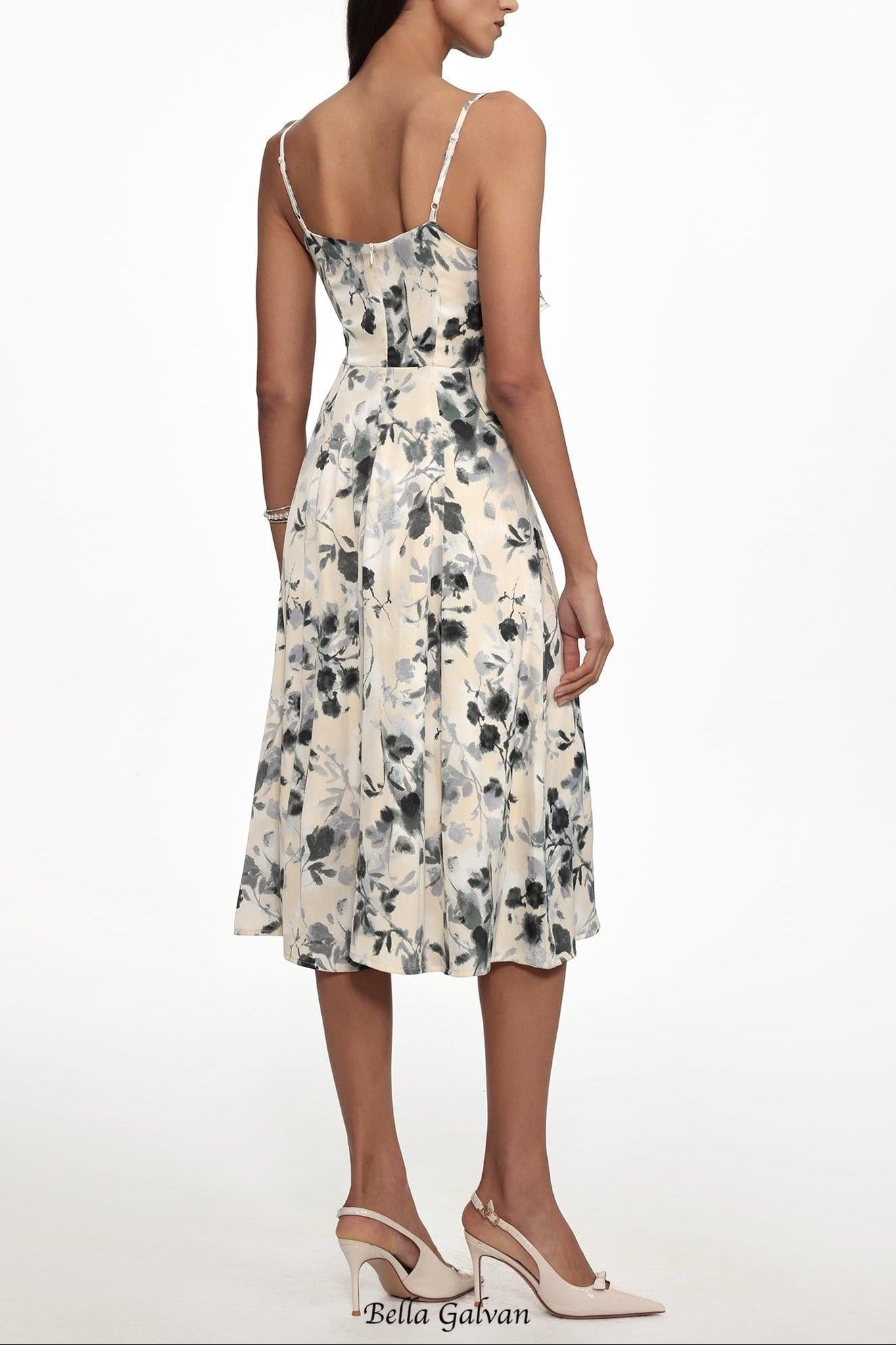 hilary Cinched Waist Sleeveless Ruffle Floral Print Woven Midi Dress