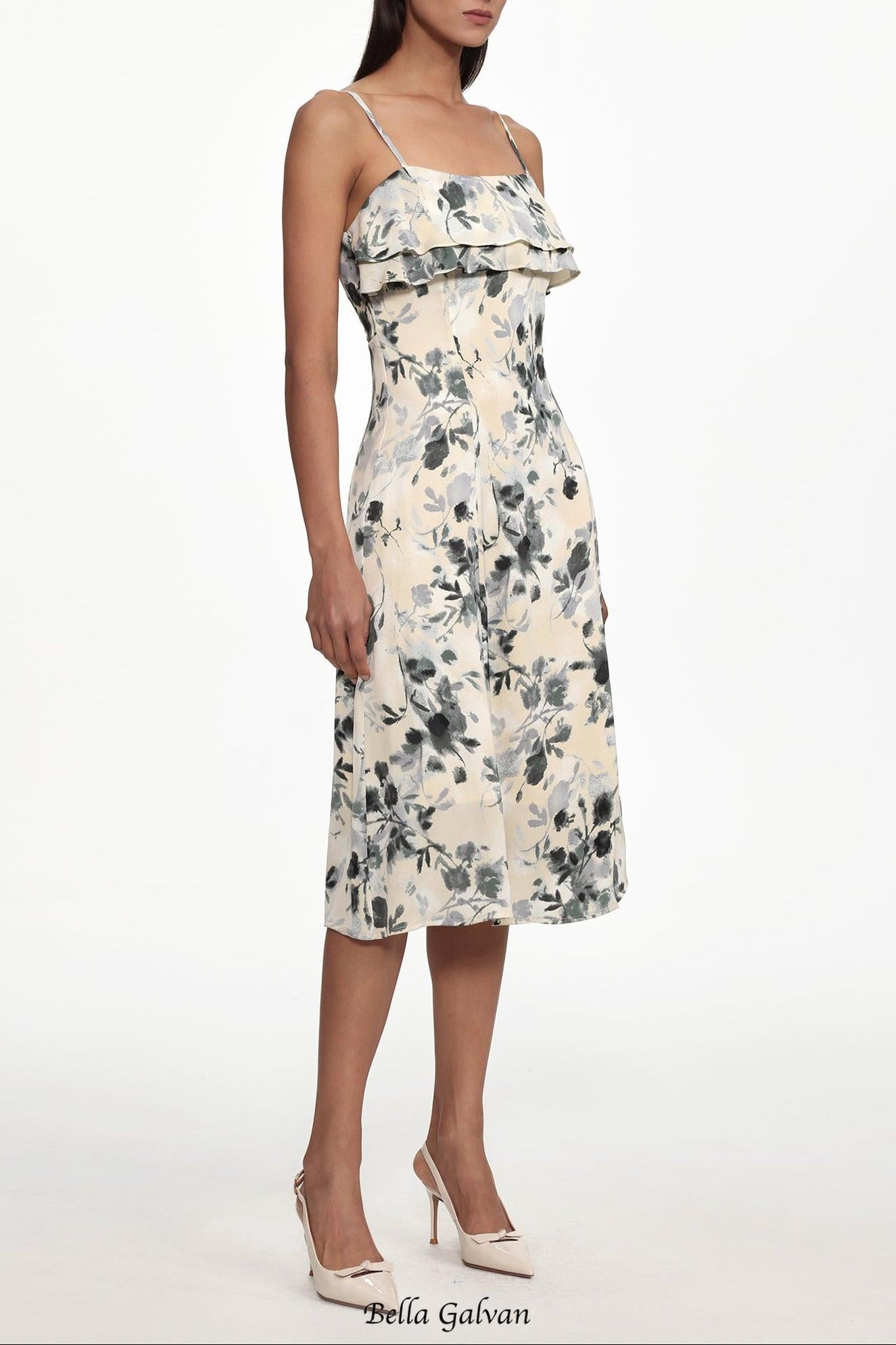 hilary Cinched Waist Sleeveless Ruffle Floral Print Woven Midi Dress