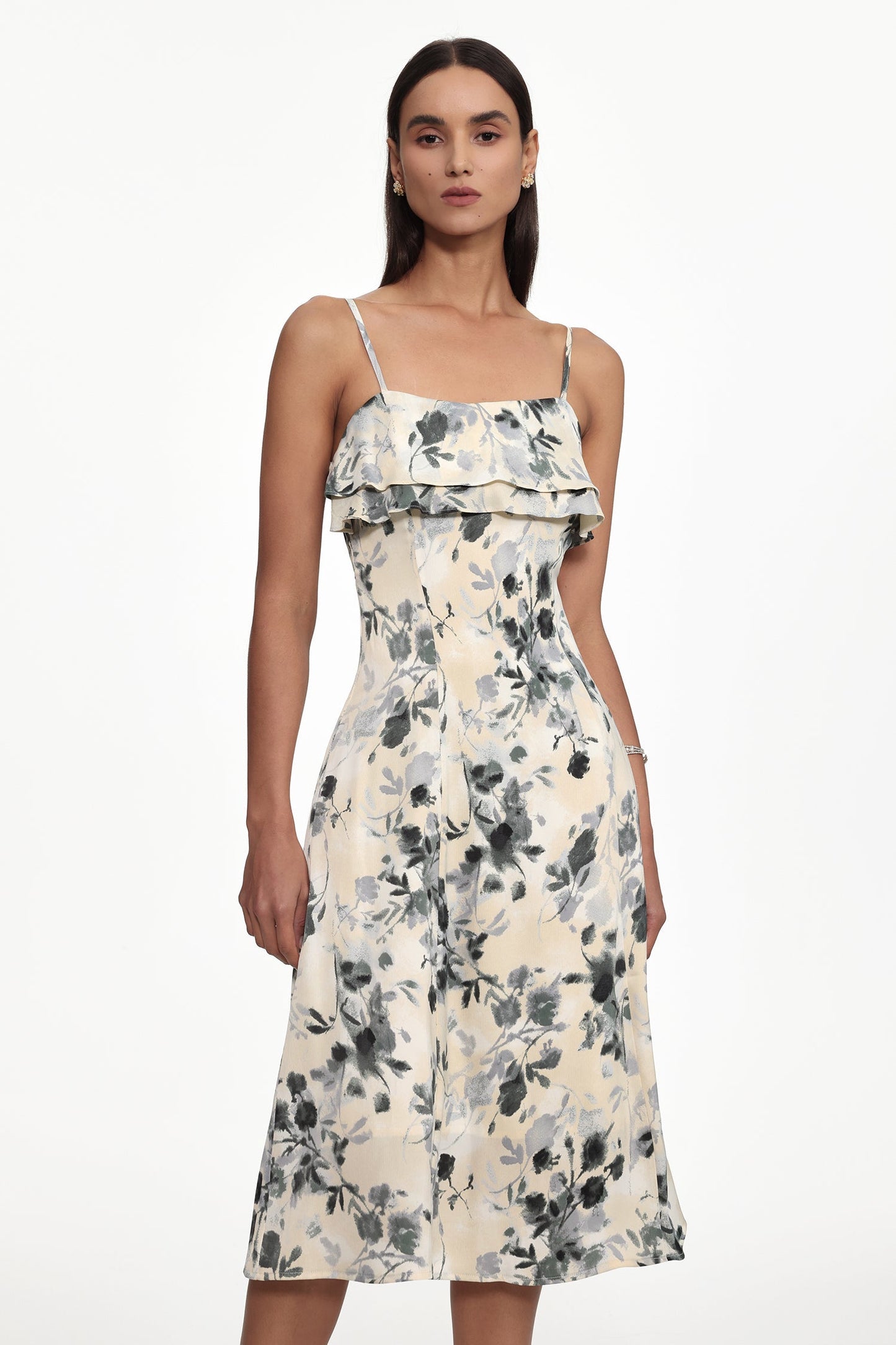 hilary Cinched Waist Sleeveless Ruffle Floral Print Woven Midi Dress