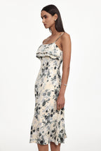 hilary Cinched Waist Sleeveless Ruffle Floral Print Woven Midi Dress