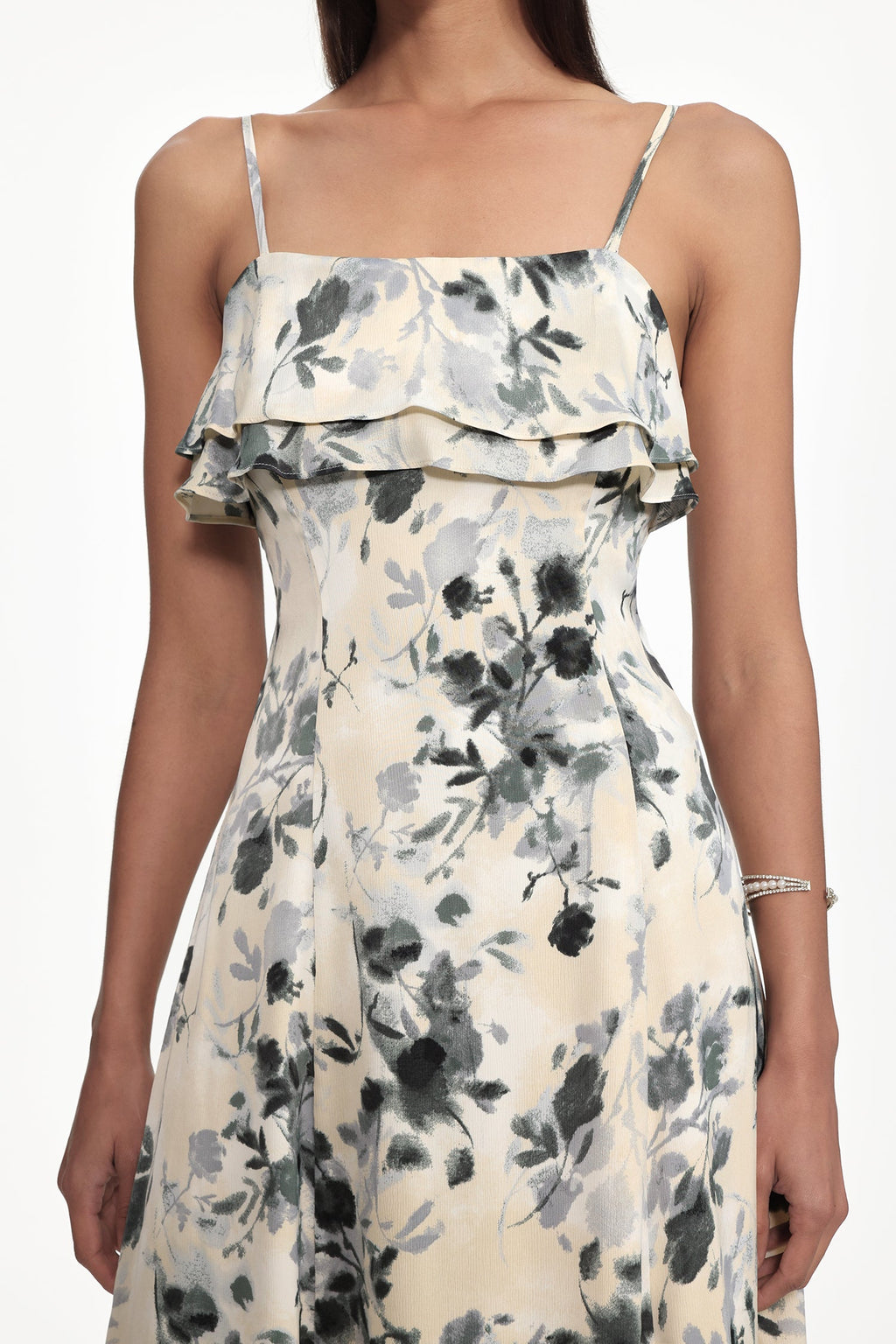 hilary Cinched Waist Sleeveless Ruffle Floral Print Woven Midi Dress