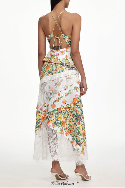 georgia Flowy V Neck Floral Print Lace Woven Maxi Dress