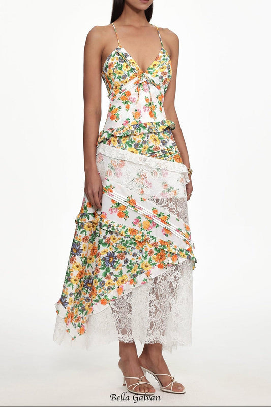 georgia Flowy V Neck Floral Print Lace Woven Maxi Dress