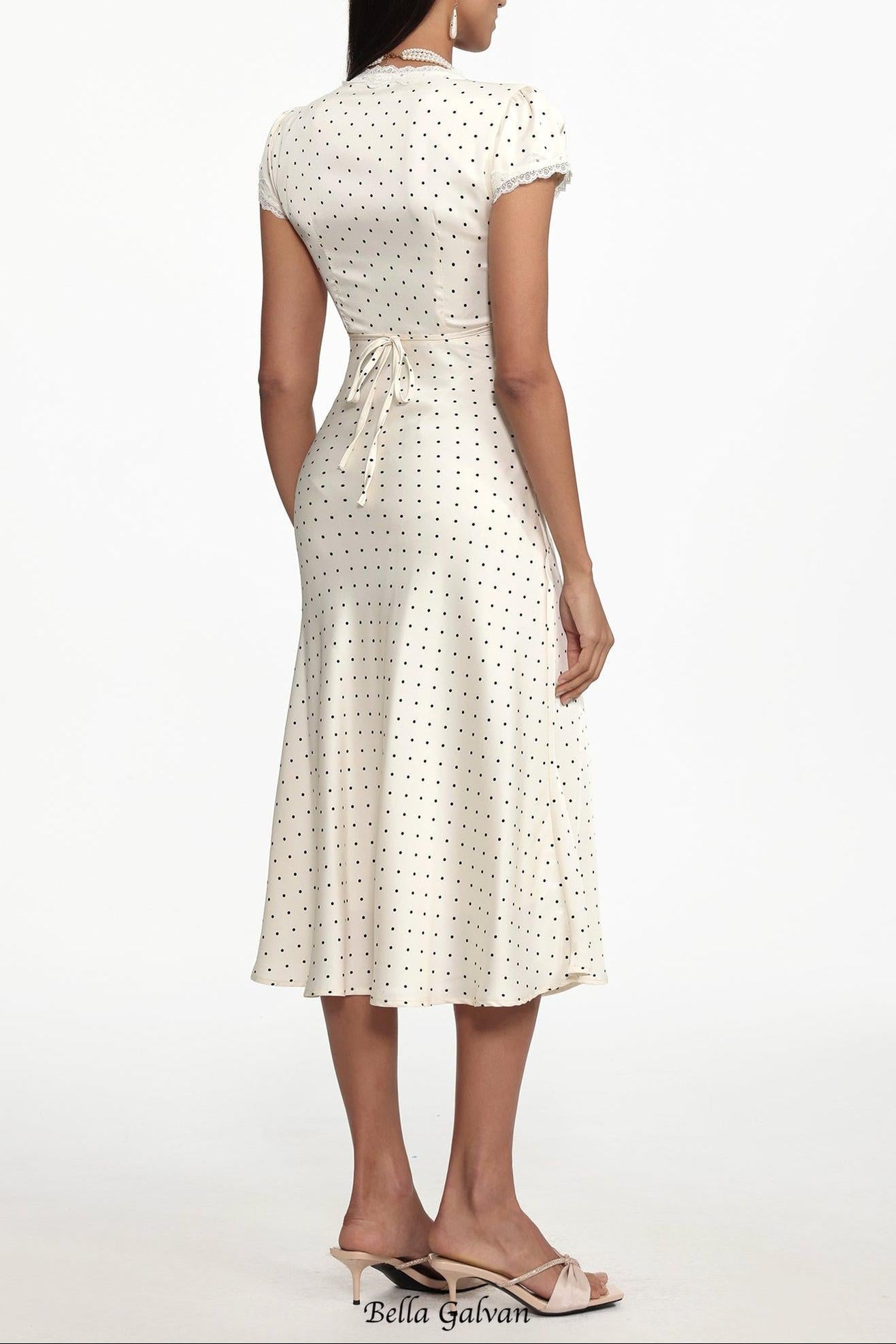 lorraine Cinched Waist V Neck Short Sleeve Polka Dot Lace Woven Maxi Dress