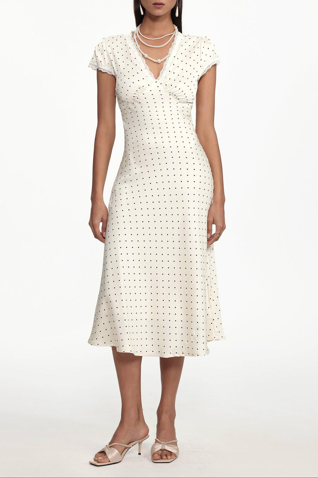 lorraine Cinched Waist V Neck Short Sleeve Polka Dot Lace Woven Maxi Dress