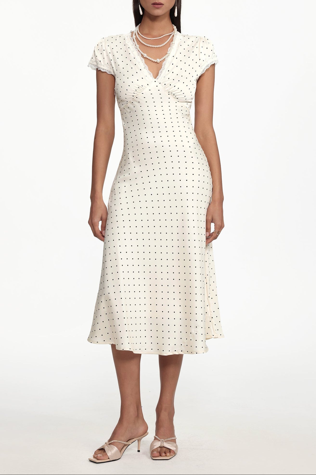lorraine Cinched Waist V Neck Short Sleeve Polka Dot Lace Woven Maxi Dress