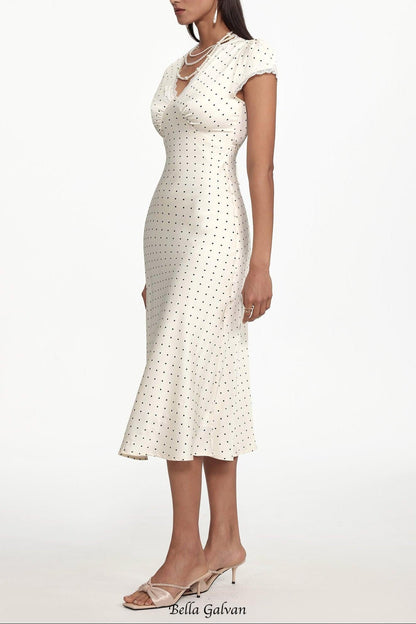 lorraine Cinched Waist V Neck Short Sleeve Polka Dot Lace Woven Maxi Dress