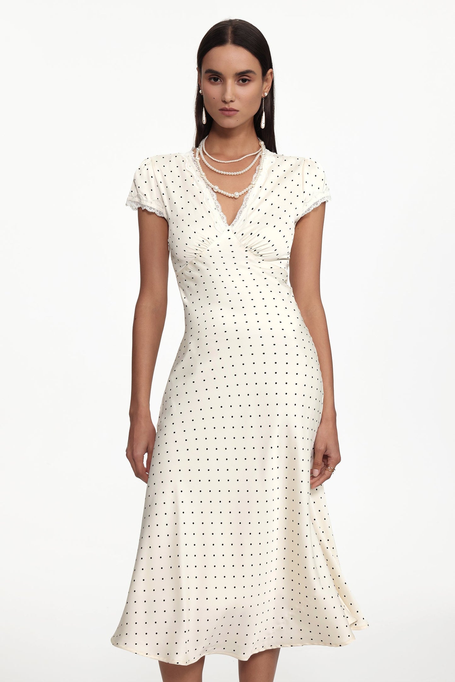 lorraine Cinched Waist V Neck Short Sleeve Polka Dot Lace Woven Maxi Dress