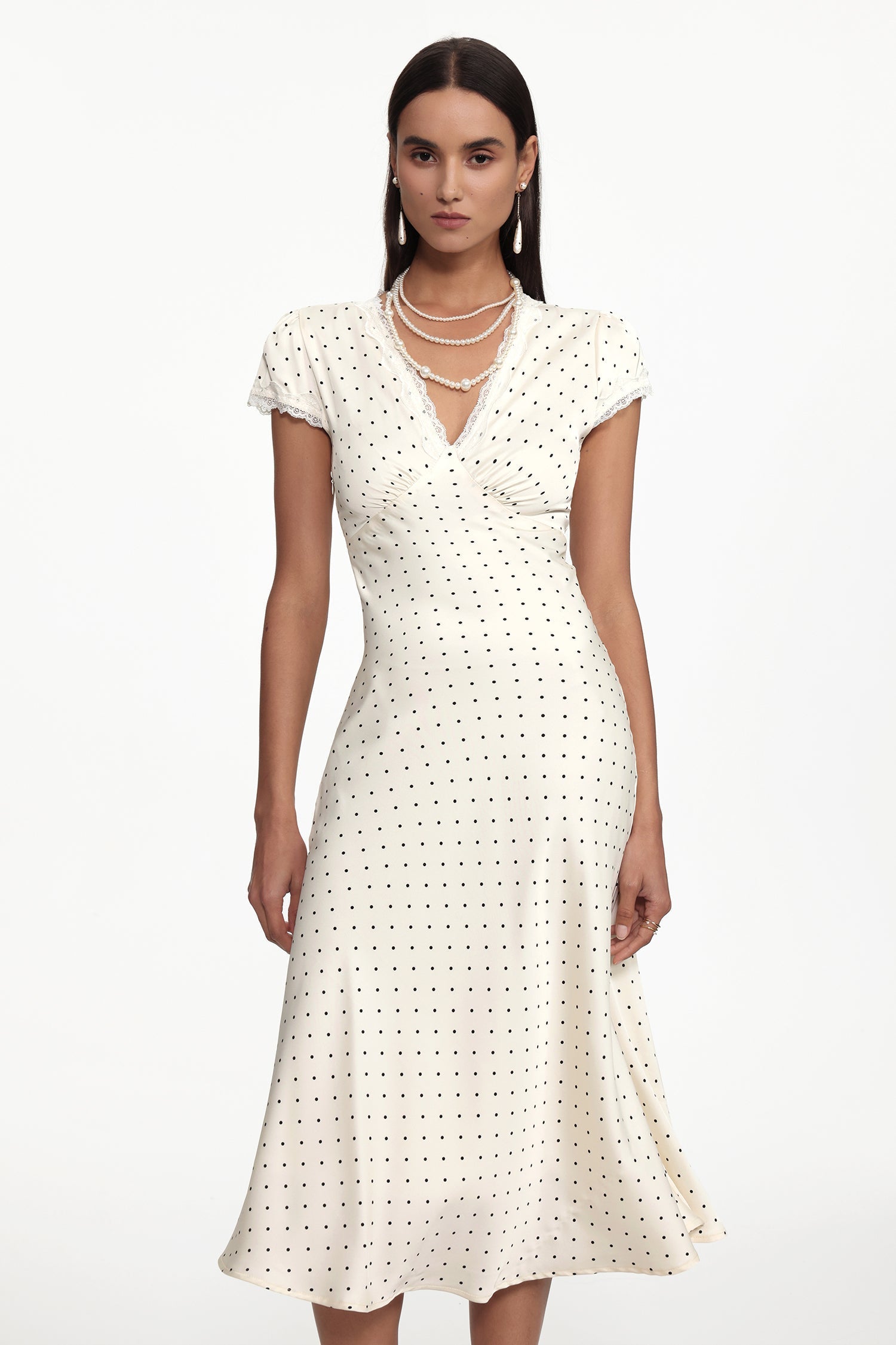 lorraine Cinched Waist V Neck Short Sleeve Polka Dot Lace Woven Maxi Dress