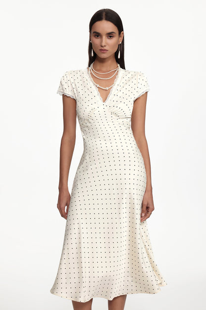 lorraine Cinched Waist V Neck Short Sleeve Polka Dot Lace Woven Maxi Dress