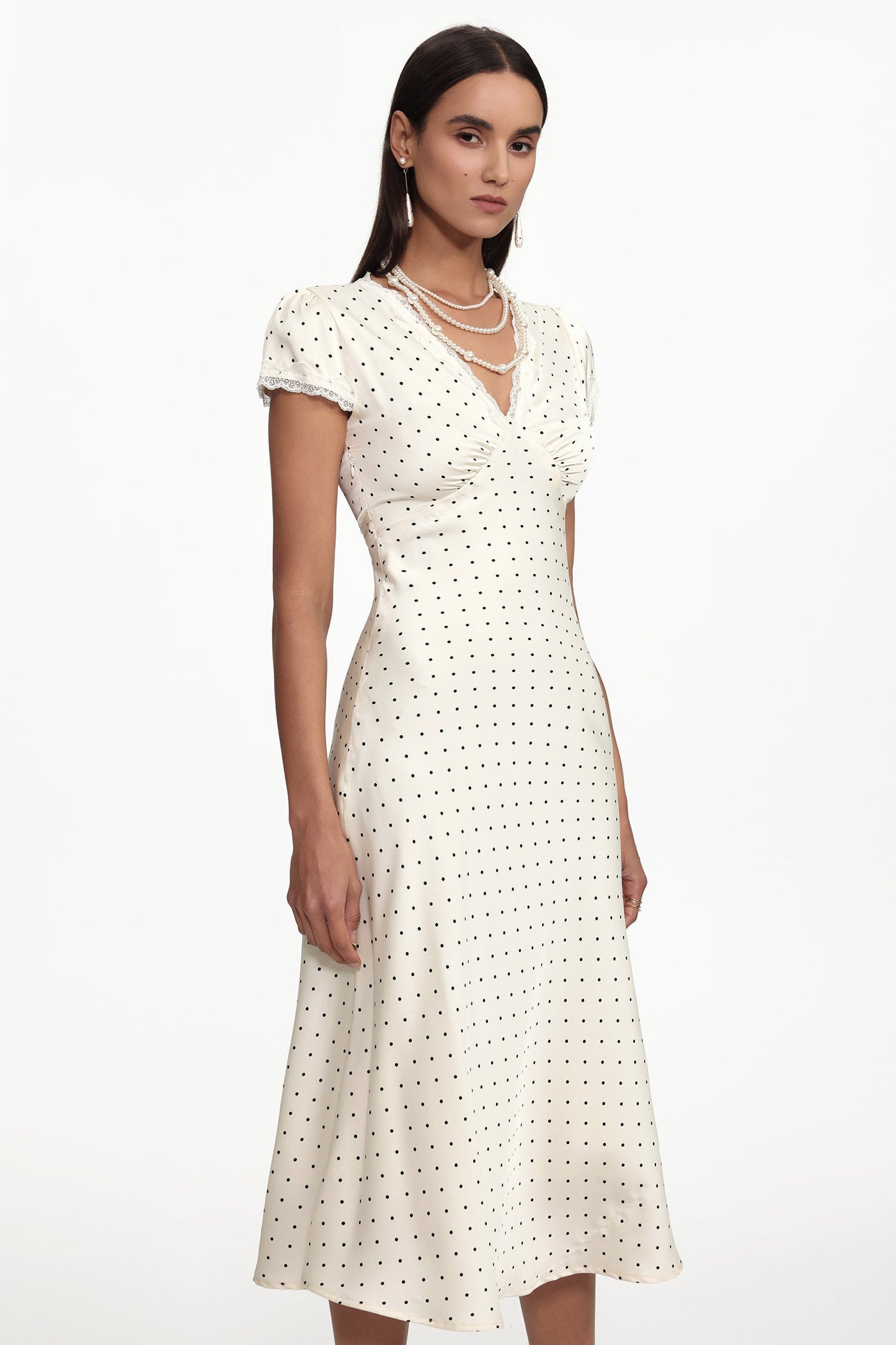 lorraine Cinched Waist V Neck Short Sleeve Polka Dot Lace Woven Maxi Dress