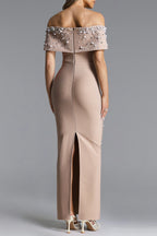 Nude Pearl Embellished Off-Shoulder Mermaid Maxi Gown