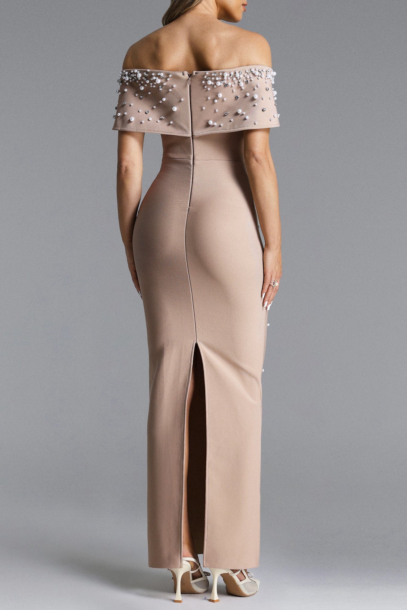Nude Pearl Embellished Off-Shoulder Mermaid Maxi Gown