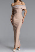 Nude Pearl Embellished Off-Shoulder Mermaid Maxi Gown