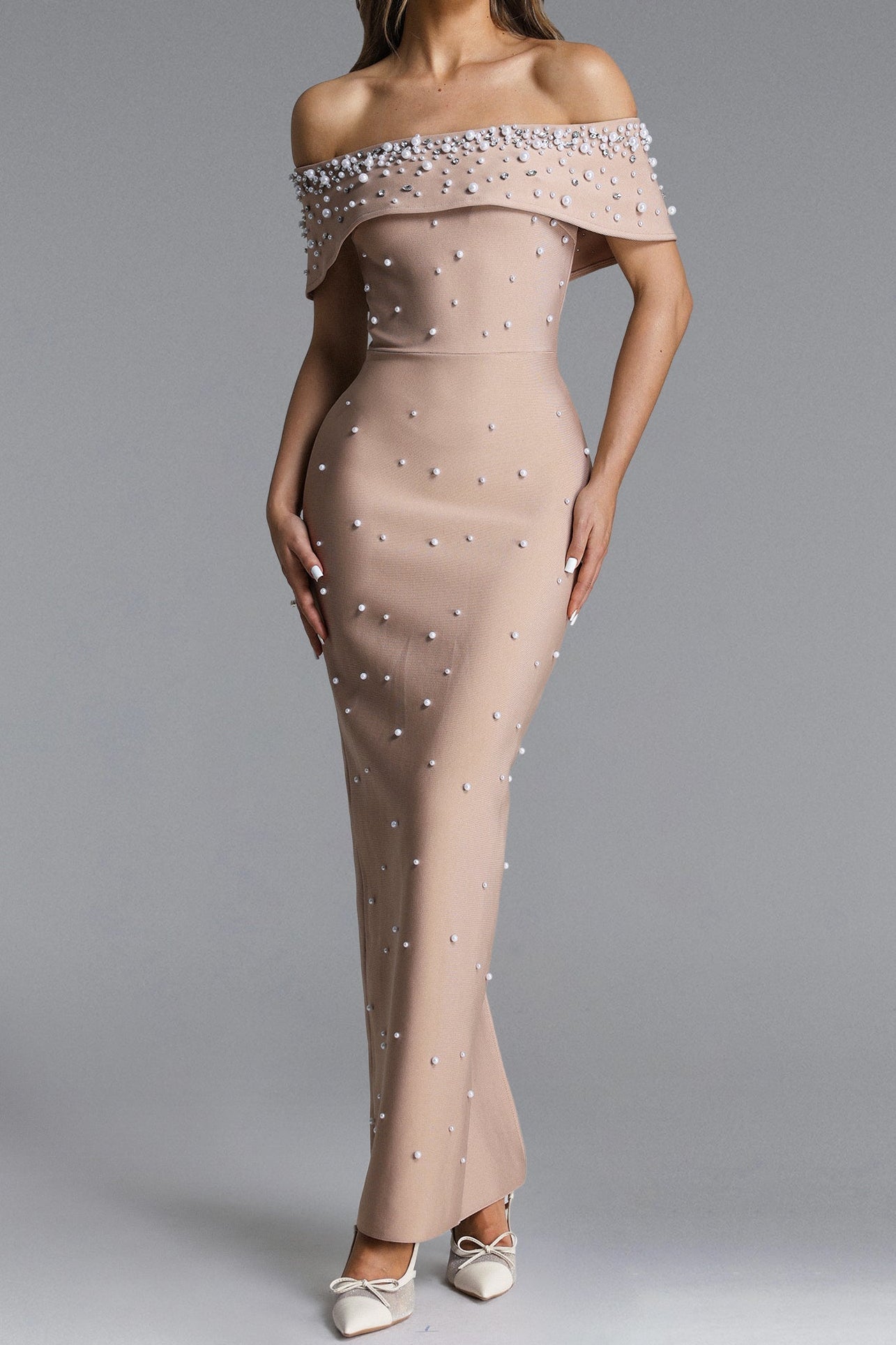 Nude Pearl Embellished Off-Shoulder Mermaid Maxi Gown