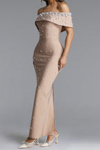 Nude Pearl Embellished Off-Shoulder Mermaid Maxi Gown