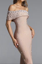 Nude Pearl Embellished Off-Shoulder Mermaid Maxi Gown