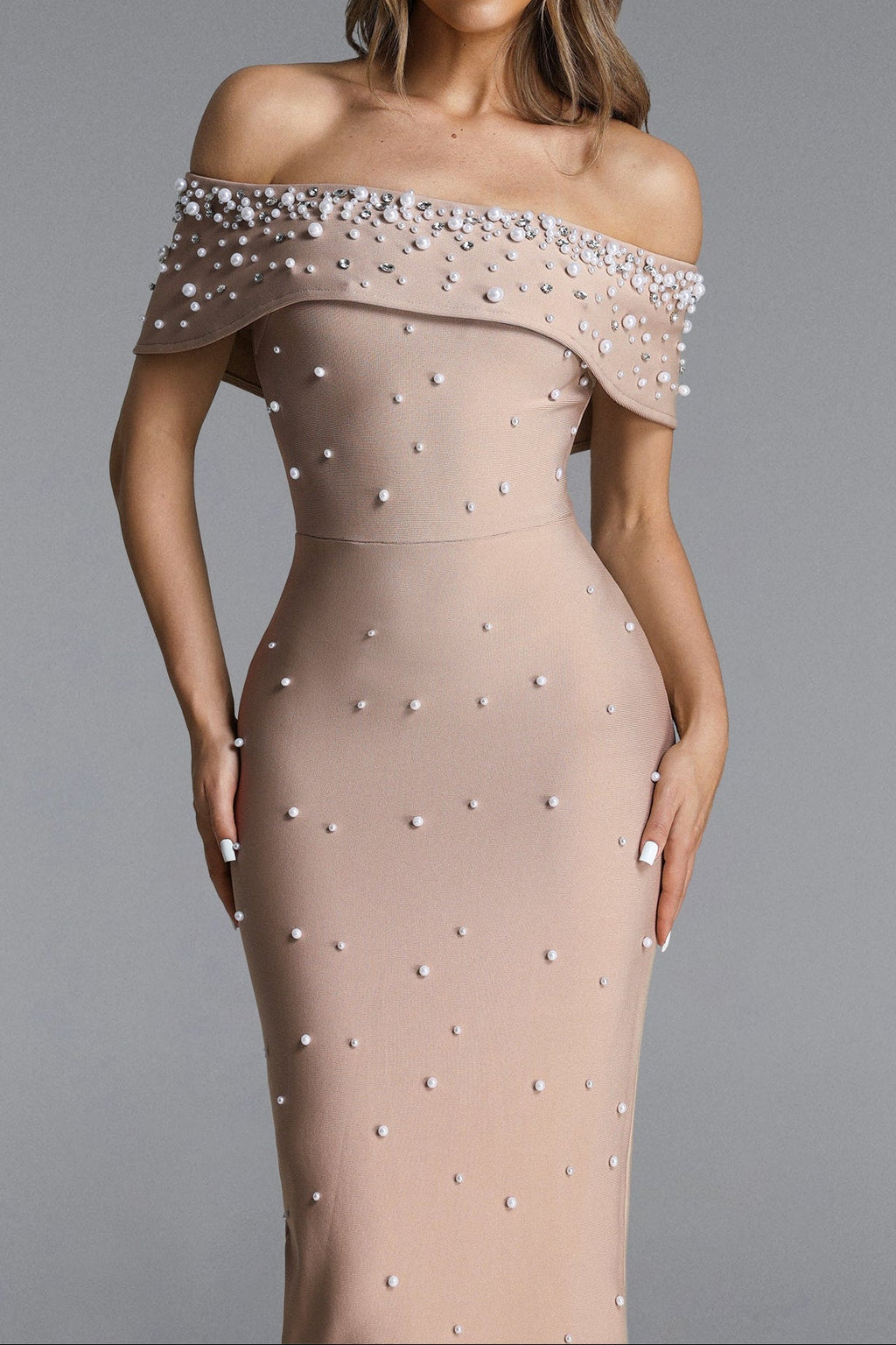 Nude Pearl Embellished Off-Shoulder Mermaid Maxi Gown