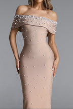 Nude Pearl Embellished Off-Shoulder Mermaid Maxi Gown