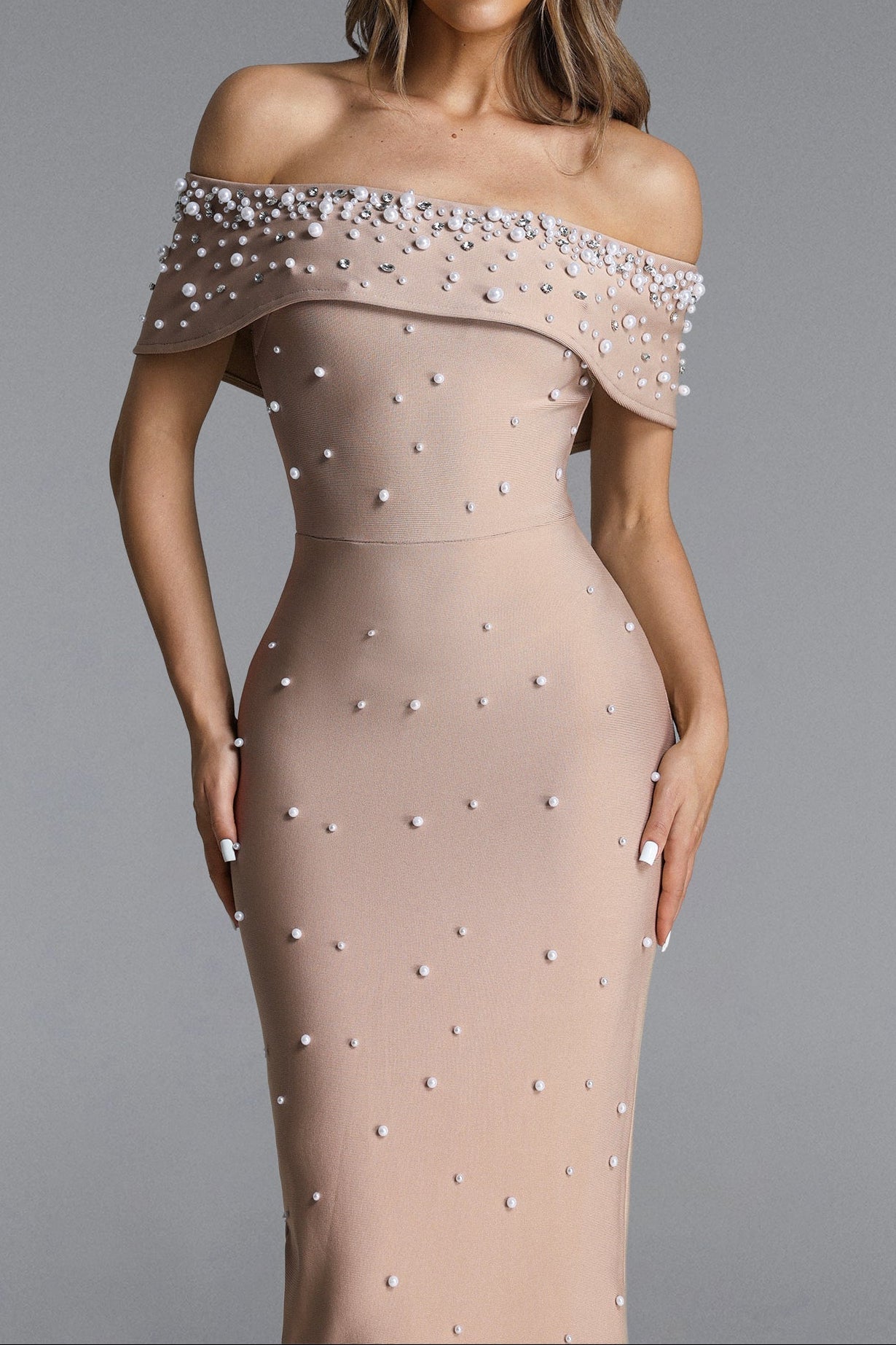 Nude Pearl Embellished Off-Shoulder Mermaid Maxi Gown