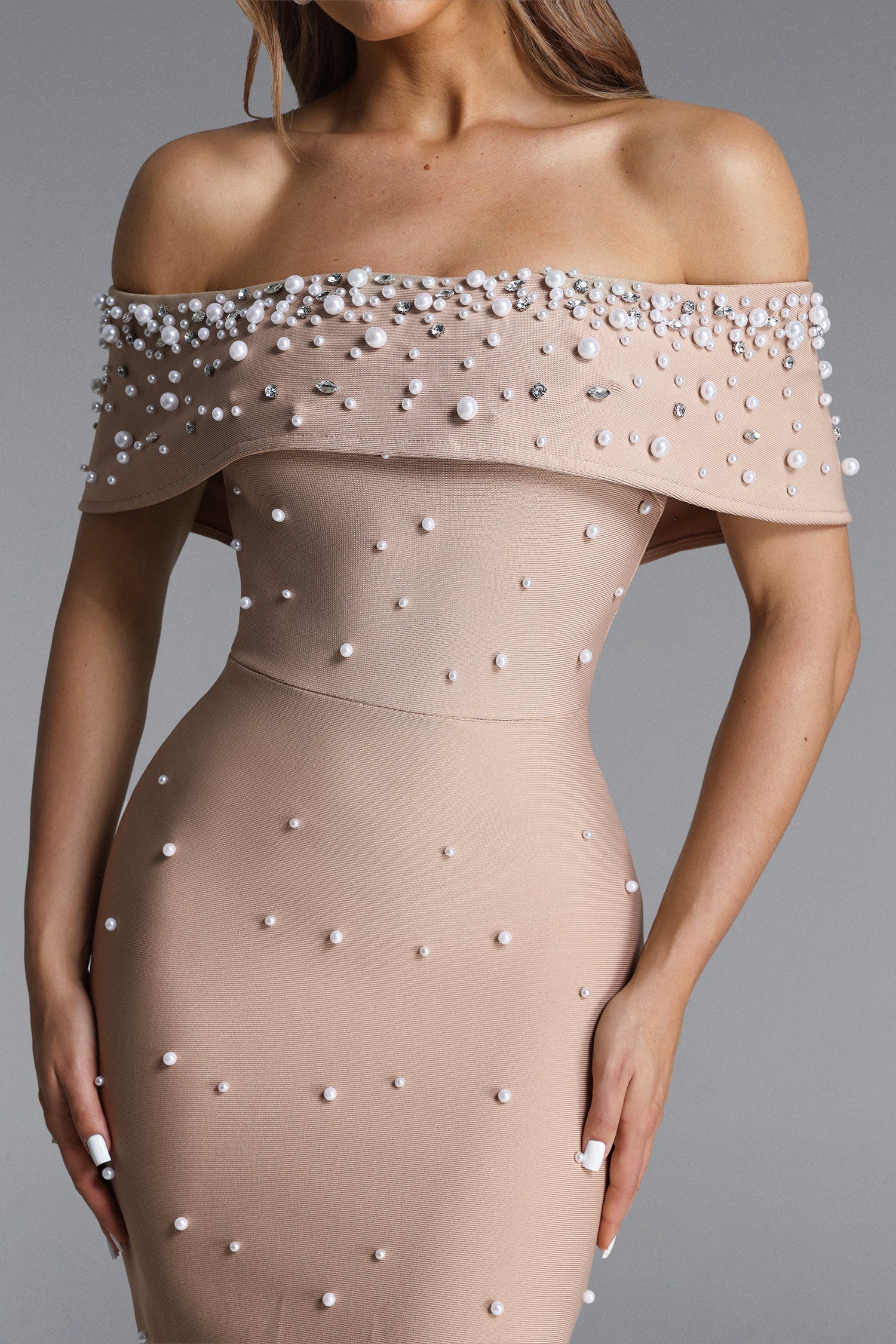 Nude Pearl Embellished Off-Shoulder Mermaid Maxi Gown