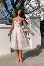 Agnens White Sexy Strapless Embroidered Lace Midi Dress