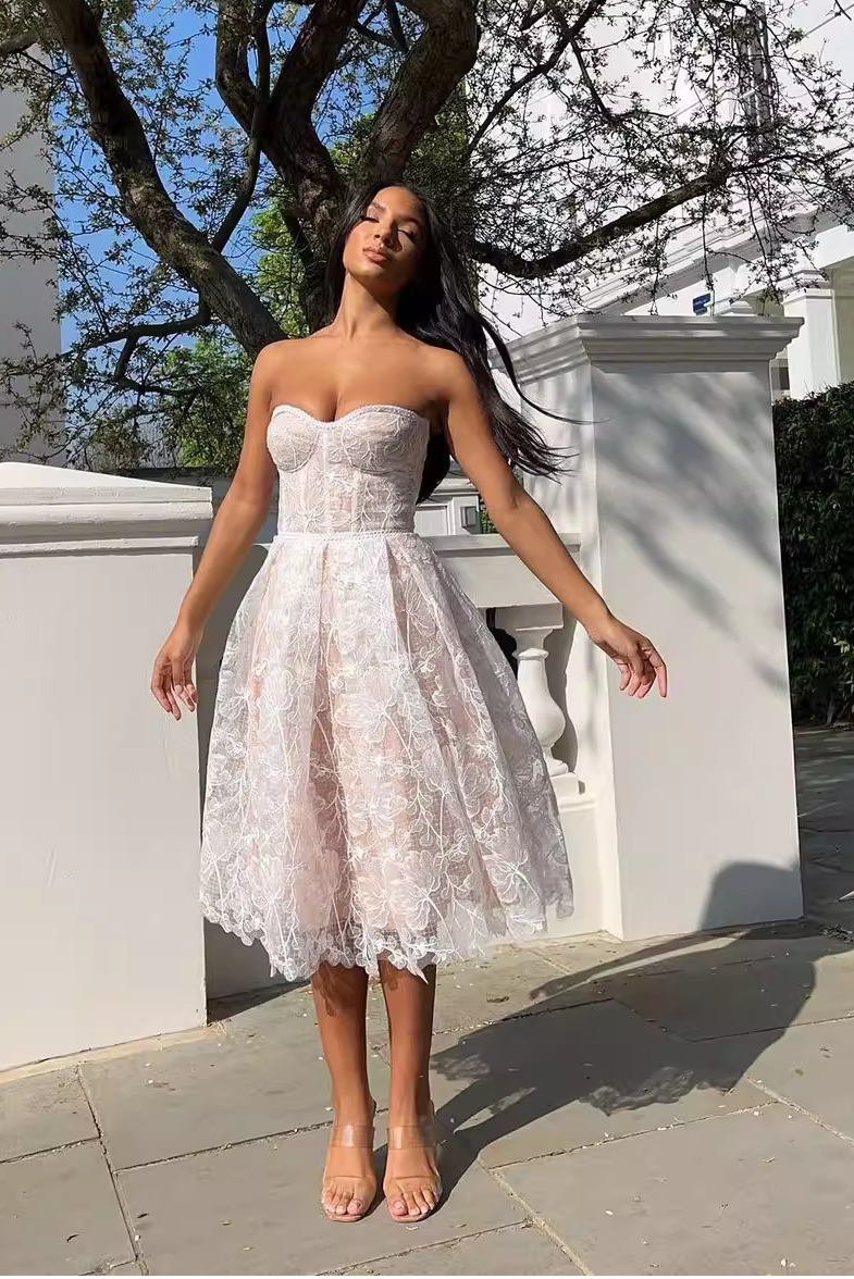 Agnens White Sexy Strapless Embroidered Lace Midi Dress