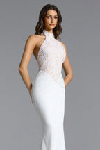 Fahrenheit white Halter Ruched Lace Maxi Dress